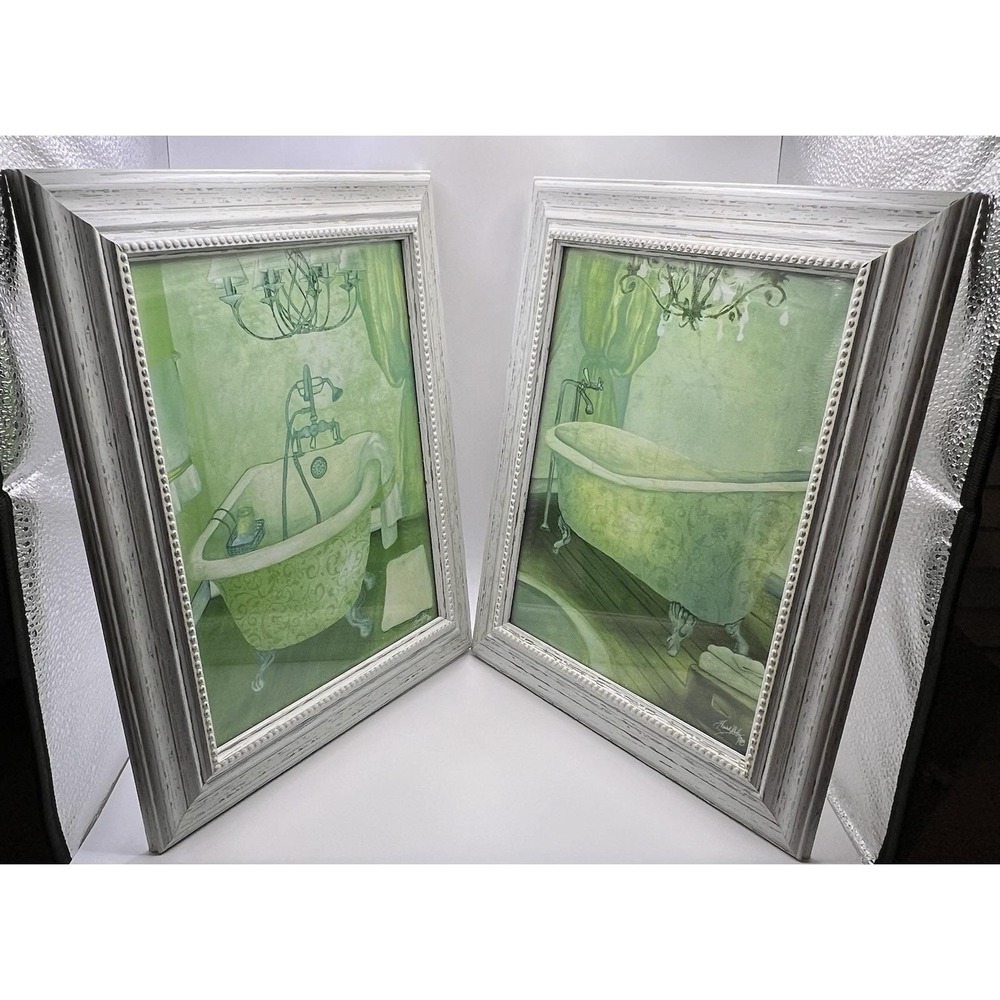 Set of 2 Elizabeth Medley Framed Art Green Bathtub Artsy Ornate Home Decor